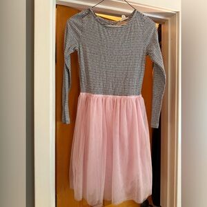 Crewcuts Black and White Striped Dress with Pink Tulle Skirt